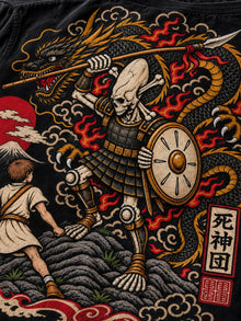 Close-up of the Nephilim Slayer back print: David with his sling facing an armored elongated-skull Nephilim giant, Japanese dragon and blood-red sun