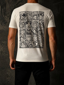 Model wearing the Ivory Nephy Comic Book Collage T-shirt (Tultex 202), back view: 12 x 18 in NDS Comics grid of 20 Nephy comic covers in black ink