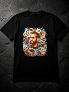 Flat lay of the black Straight Bible Blap Blap Blap coffee graphic t-shirt on dark slate