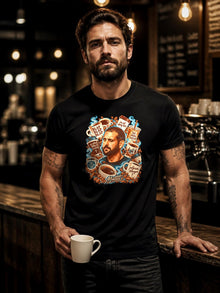 Man wearing the Blap Blap Blap coffee graphic tee in a coffee shop at night, Straight Bible Christian streetwear