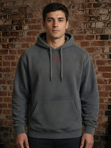 Model wearing the Straight Bible Daniel 2 graphic hoodie in Pepper, front view with red Straight Bible chest print