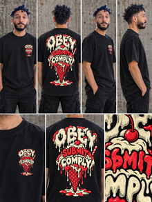 Black Obey Submit Comply graphic tee back mockup with full melting cone print