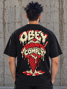TopLobsta Obey Submit Comply melting ice cream graphic in red, cream, and black
