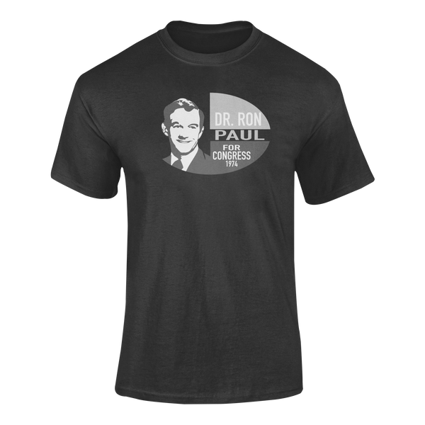 Ron Paul for Congress (B&W) T-Shirt by TopLobsta – black-and-white 1974 Ron Paul for Congress campaign oval with a portrait of young Dr. Ron Paul