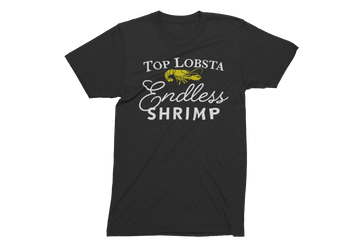 TL Endless Shrimp T-Shirt by TopLobsta – yellow lobster under a Top Lobsta arch with ENDLESS SHRIMP text