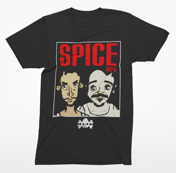 Spice Boys T-Shirt by Nephilim Death Squad – red SPICE text over two caricatures in tank tops inside a white frame, skull below