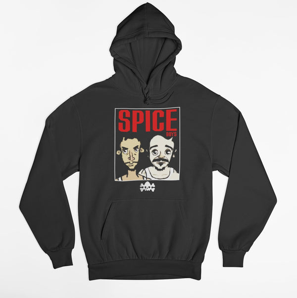 Spice Boys Hoodie by Nephilim Death Squad – red SPICE text over two caricatures in tank tops inside a white frame, skull below
