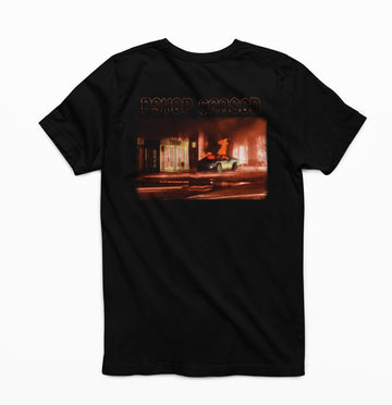 Psyop Season T-Shirt by TopLobsta – orange glitch PSYOP SEASON text over a night street scene with a Cybertruck