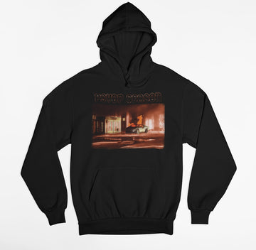 Psyop Season Hoodie by TopLobsta – orange glitch PSYOP SEASON text over a night street scene with a Cybertruck