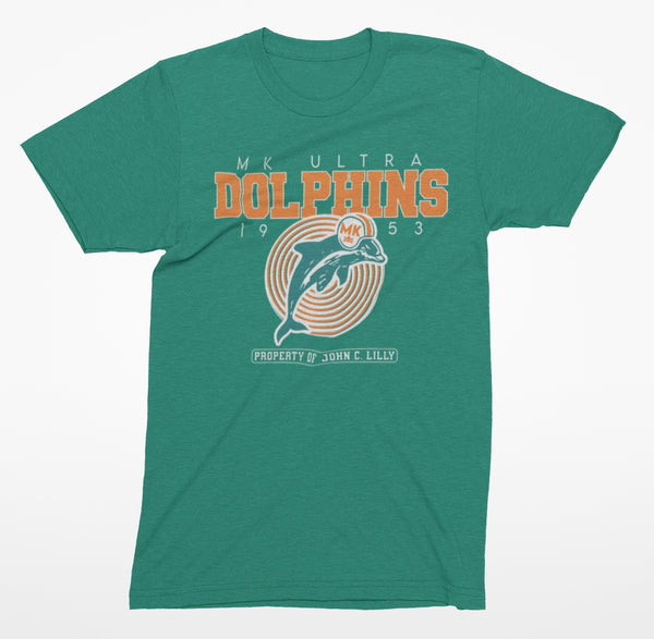 MK Ultra Dolphins T-Shirt by Nephilim Death Squad – collegiate orange DOLPHINS text with helmeted dolphin, 1953, Property of John C. Lilly