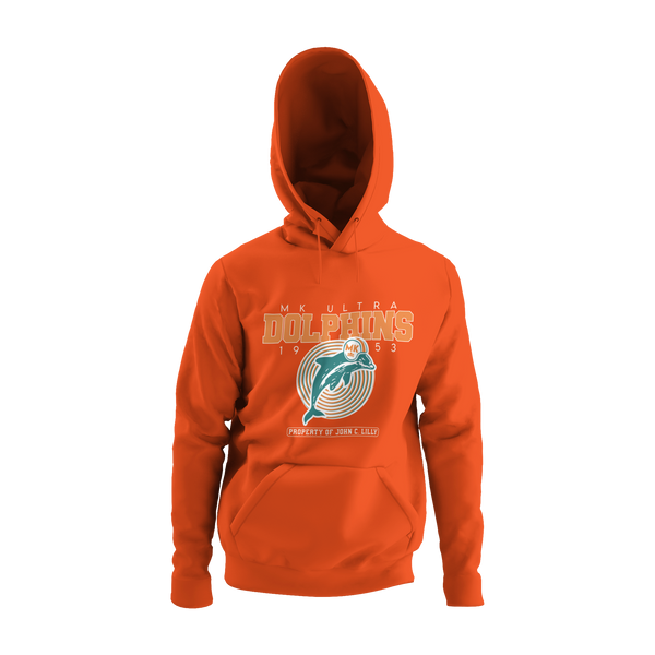 MK Ultra Dolphins Hoodie by Nephilim Death Squad – collegiate orange DOLPHINS text with helmeted dolphin, 1953, Property of John C. Lilly