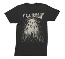 Y’all Tribbin’ T-Shirt by Nephilim Death Squad – cream woodcut rapture beam lifting silhouettes from a city skyline