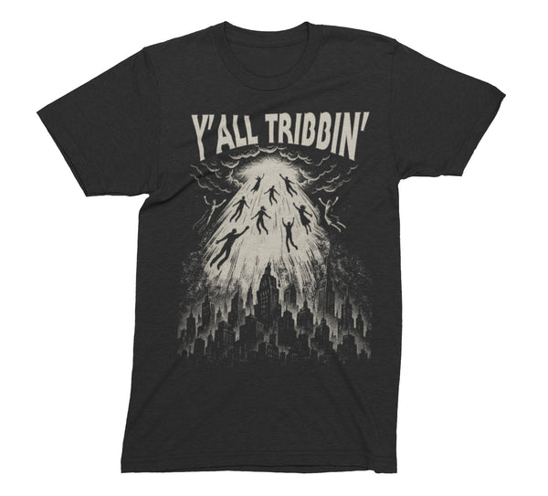 Y’all Tribbin’ T-Shirt by Nephilim Death Squad – cream woodcut rapture beam lifting silhouettes from a city skyline