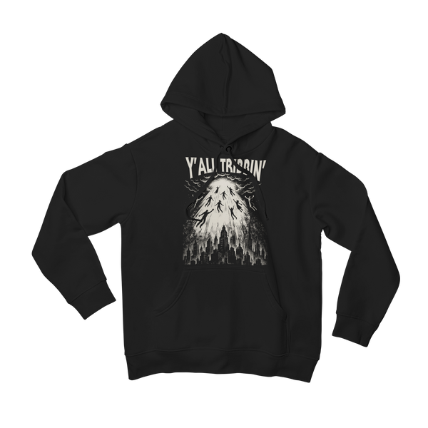 Y’all Tribbin’ Hoodie by Nephilim Death Squad – cream woodcut rapture beam lifting silhouettes from a city skyline
