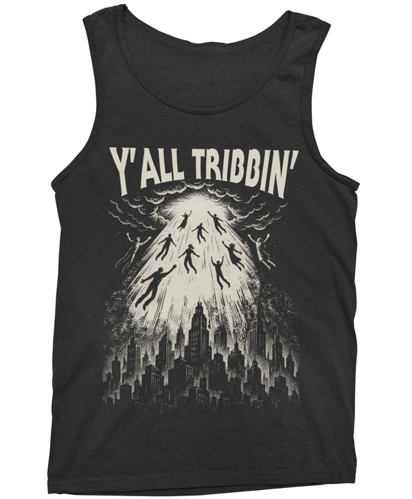 Y’all Tribbin’ Tank Top by Nephilim Death Squad – cream woodcut rapture beam lifting silhouettes from a city skyline
