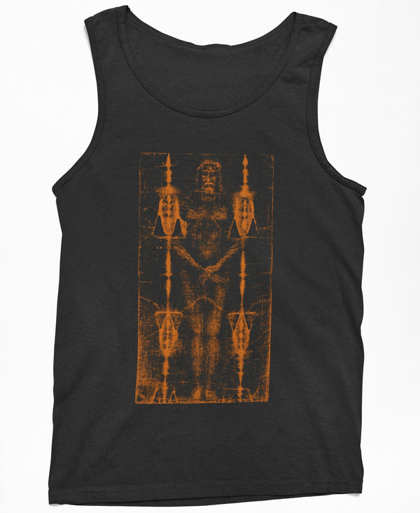 Shroud of Turin Tank Top by Nephilim Death Squad – full-length distressed orange Shroud of Turin image with scorched-edge marks