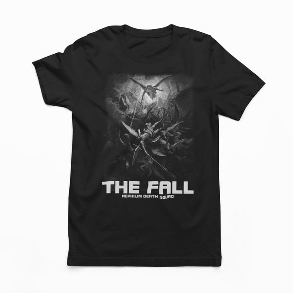 The Fall NDS T-Shirt by Nephilim Death Squad – classical woodcut of angels falling from the light with THE FALL NEPHILIM DEATH SQUAD text