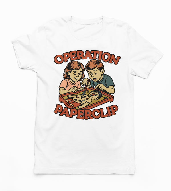 Operation Paperclip T-Shirt by TopLobsta – retro board-game parody with kids, tweezers and mustached patient, OPERATION PAPERCLIP text