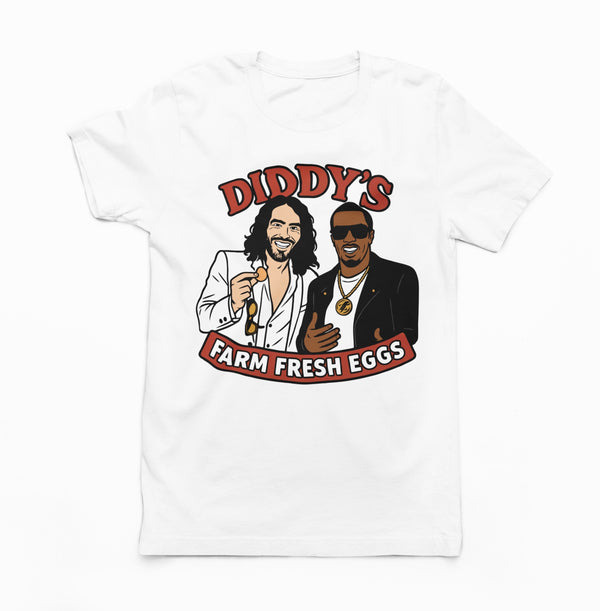 Diddy’s Farm Fresh Eggs T-Shirt by TopLobsta – caricatures under a red DIDDY'S arch with a Farm Fresh Eggs banner