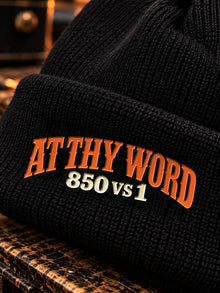 At Thy Word 850 vs 1 embroidery close-up on black beanie cuff