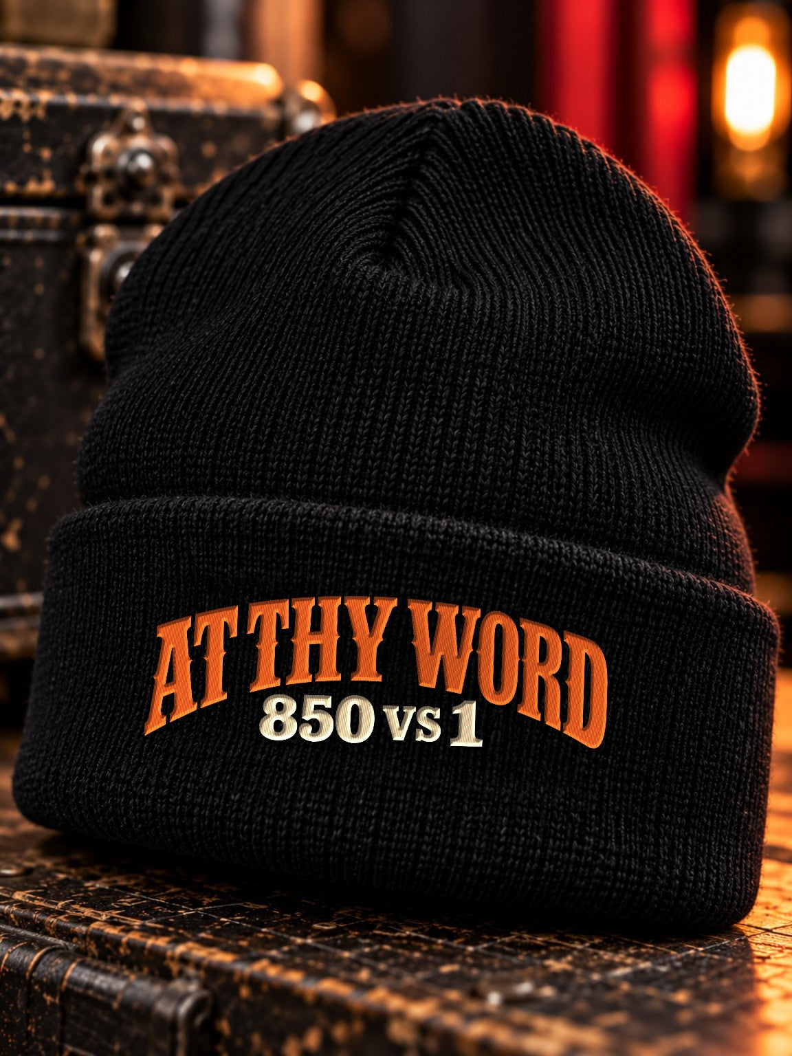 At Thy Word embroidered black cuffed beanie, front view