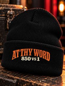 At Thy Word embroidered black cuffed beanie, front view