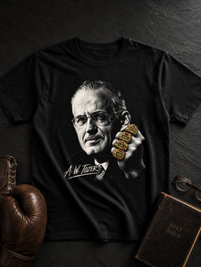 Black A.W. Tozer Christian T-shirt styled flat lay with a vintage boxing glove, leather Bible and reading glasses