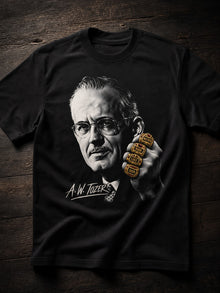 Black A.W. Tozer Gospel Heavyweight T-shirt: halftone Tozer portrait with four gold championship rings engraved Matthew, Mark, Luke, John