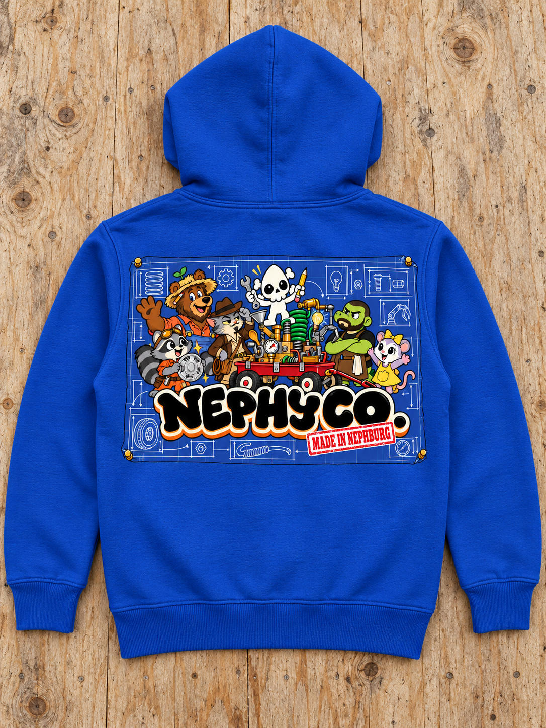 Nephy Co. Blueprint Crew Hoodie – Royal youth hoodie flat lay