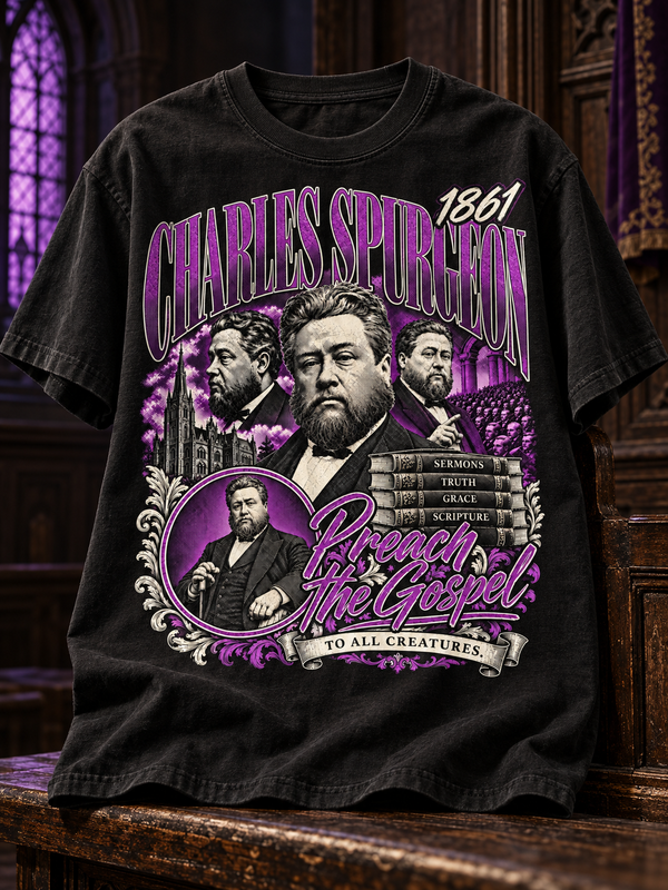 Charles Spurgeon Preach the Gospel black T-shirt with purple artwork editorial mockup