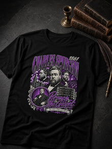 Black/Purple Charles Spurgeon Christian T-shirt styled flat lay with antique sermon books, a brass candlestick and a quill pen