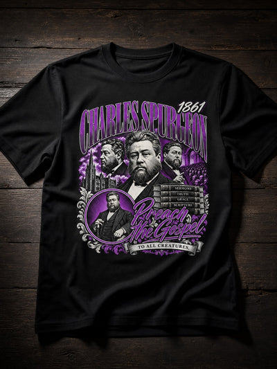 Black/Purple Charles Spurgeon Preach the Gospel T-shirt: 1861 Victorian sermon-poster collage with engraved Spurgeon portraits and TO ALL CREATURES banner