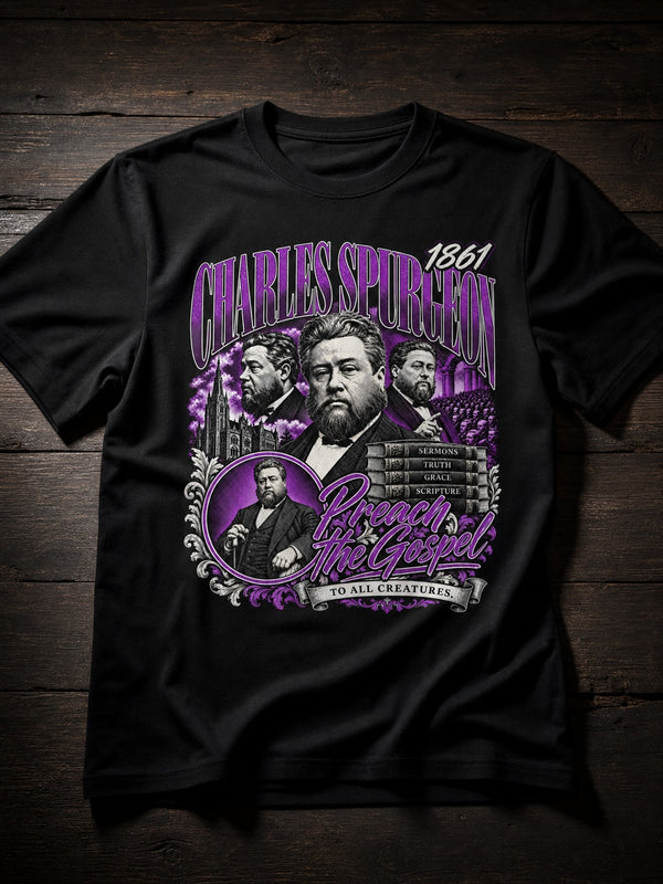 Black/Purple Charles Spurgeon Preach the Gospel T-shirt: 1861 Victorian sermon-poster collage with engraved Spurgeon portraits and TO ALL CREATURES banner