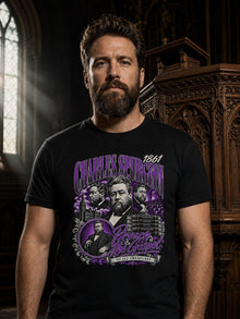 Bearded man wearing the Black/Purple Charles Spurgeon Preach the Gospel T-shirt in a Victorian chapel beside a carved pulpit