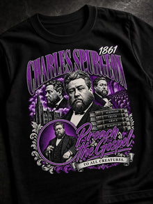 Close-up of the purple Charles Spurgeon print: engraved portraits of the Prince of Preachers, stacked sermon books and Preach the Gospel script