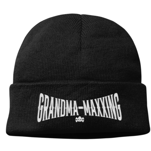 Grandma-Maxxing Beanie by Nephilim Death Squad – white embroidered GRANDMA-MAXXING text on the cuff with small skull