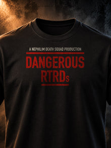 Close-up of red DANGEROUS lettering on a black tee