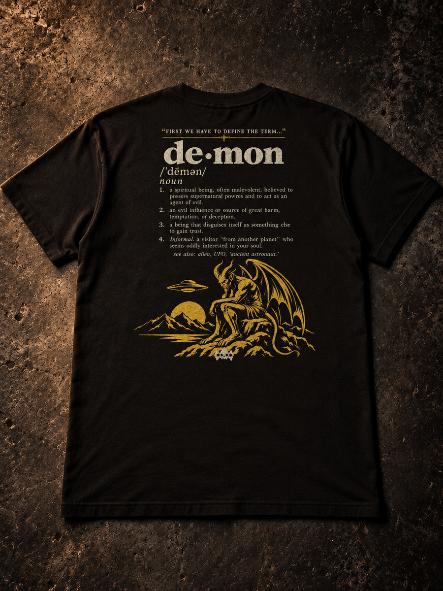 Demon Definition T-Shirt in black, back print flat lay, Nephilim Death Squad