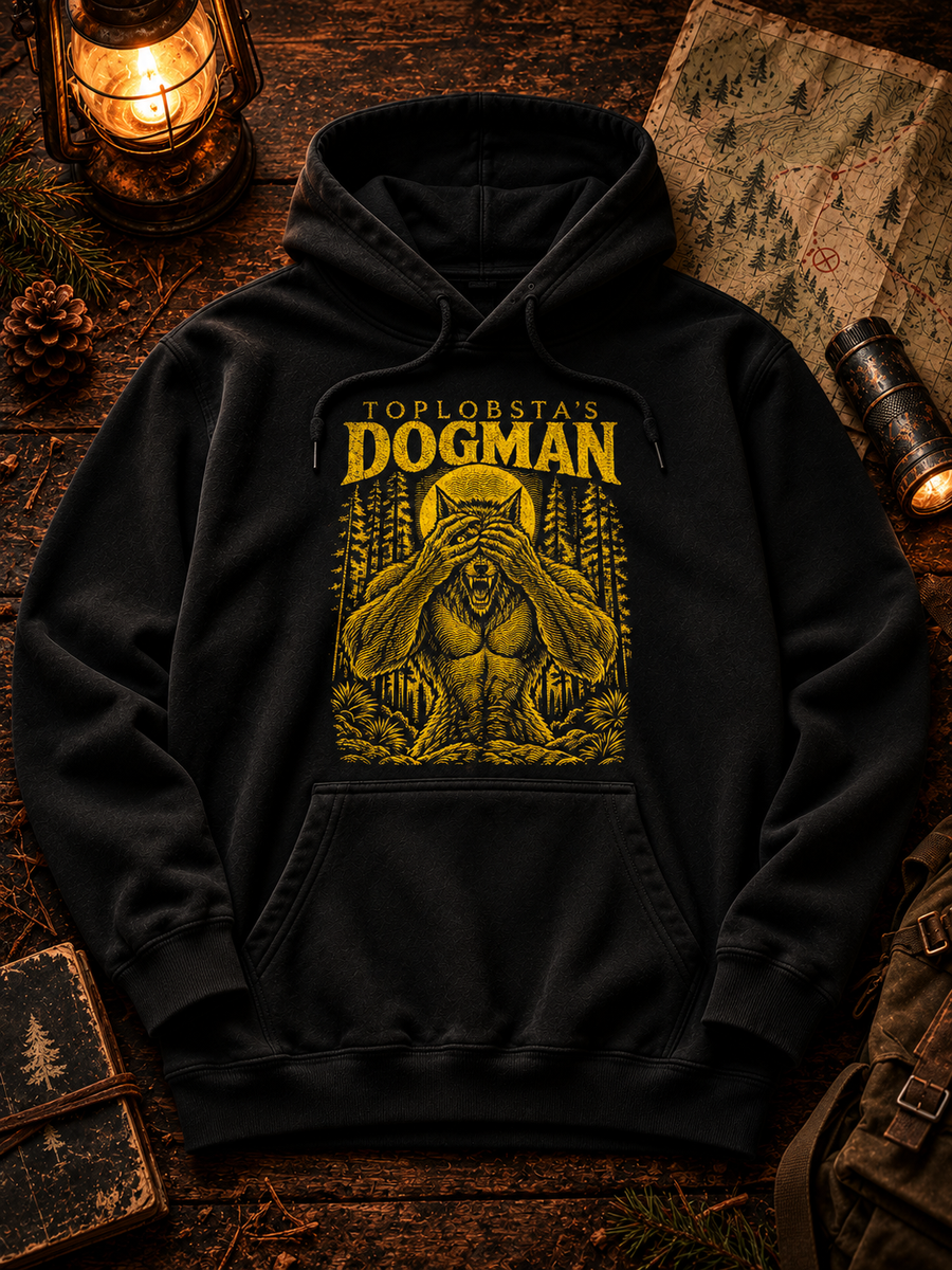 TopLobsta's Dogman 2.0 Hoodie in black, graphic print flat lay