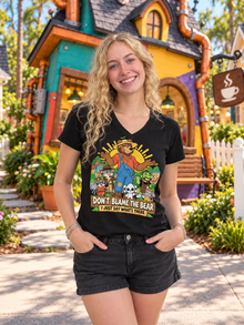 Nephy Co. Don't Blame the Bear T-Shirt – black women's v-neck front view