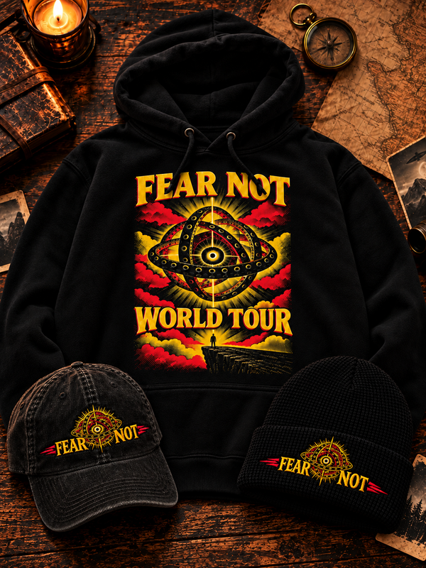 Fear Not World Tour 2.0 hoodie with Fear Not corduroy hat and beanie bundle