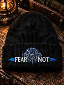 Fear Not beanie, TopLobsta, Richardson 146R black waffle beanie, blue and white thread