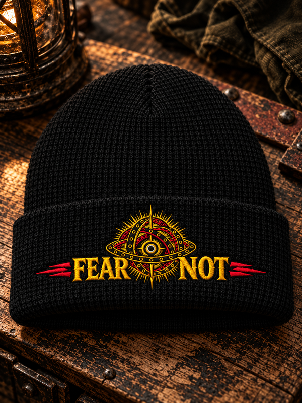 Fear Not beanie, TopLobsta, Richardson 146R black waffle beanie, red and yellow thread