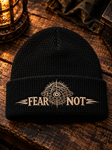 Fear Not beanie, TopLobsta, Richardson 146R black waffle beanie, cream and tan thread (Vintage)