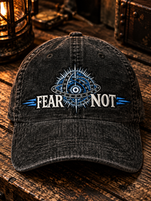 Fear Not World Tour corduroy hat, TopLobsta, Legacy SALT black corduroy cap, blue and white thread