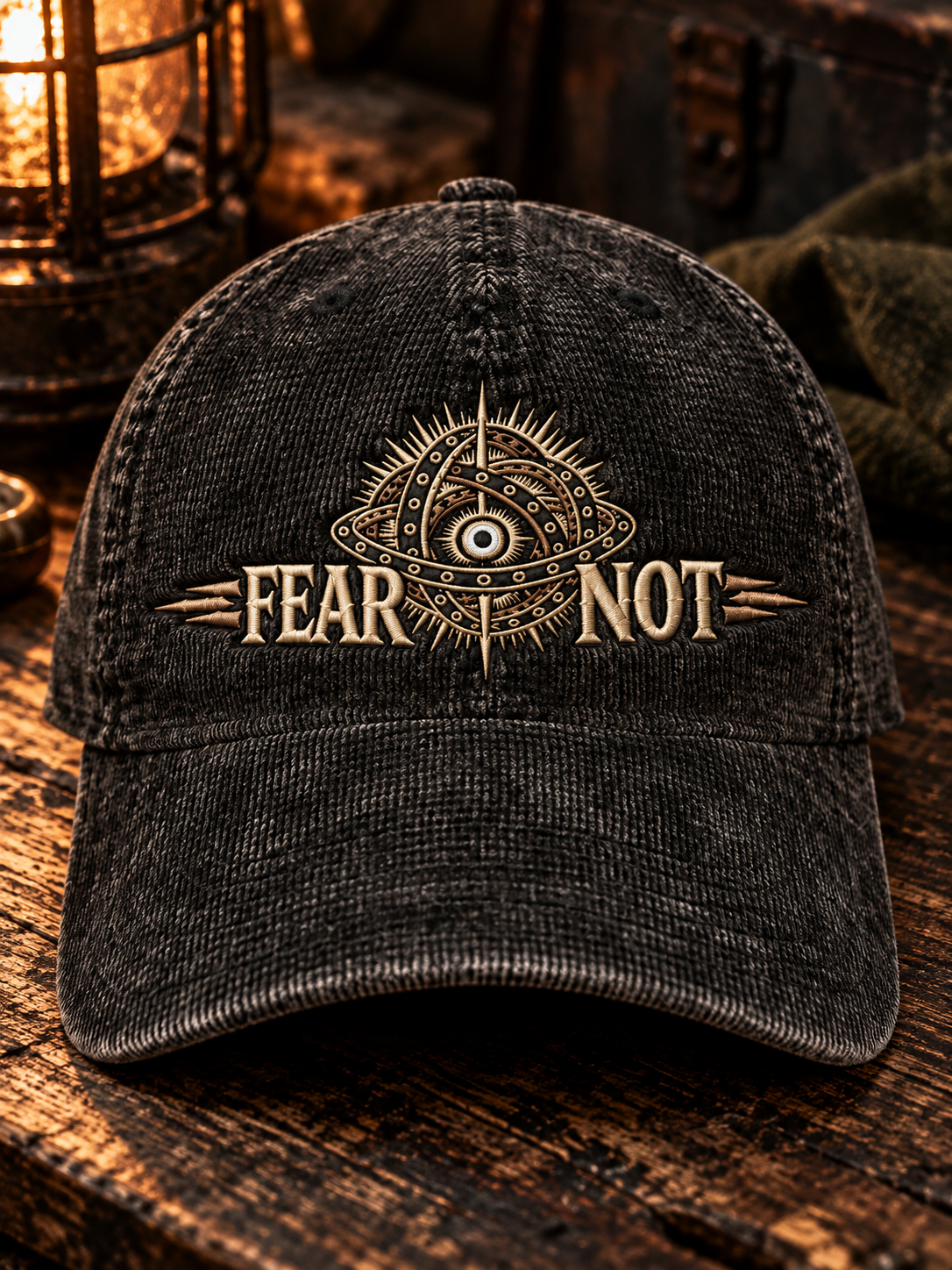 Fear Not World Tour corduroy hat, TopLobsta, Legacy SALT black corduroy cap, cream and tan thread (Vintage)