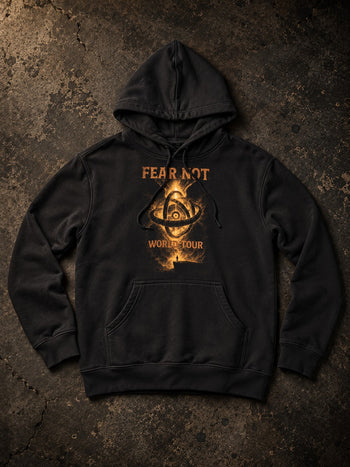Fear Not World Tour Hoodie by Nephilim Death Squad: black hoodie, orange ophanim rings over cliff, FEAR NOT WORLD TOUR text