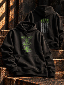 Fear Not World Tour Hoodie in black with green print, front and back view, Nephilim Death Squad