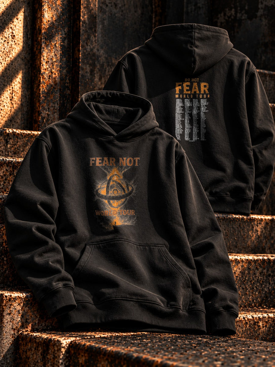 Fear Not World Tour Hoodie in black with orange print, front and back view, Nephilim Death Squad