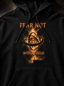 Close-up of the orange Fear Not World Tour print on a black Nephilim Death Squad hoodie: ophanim rings over a lone figure on a cliff
